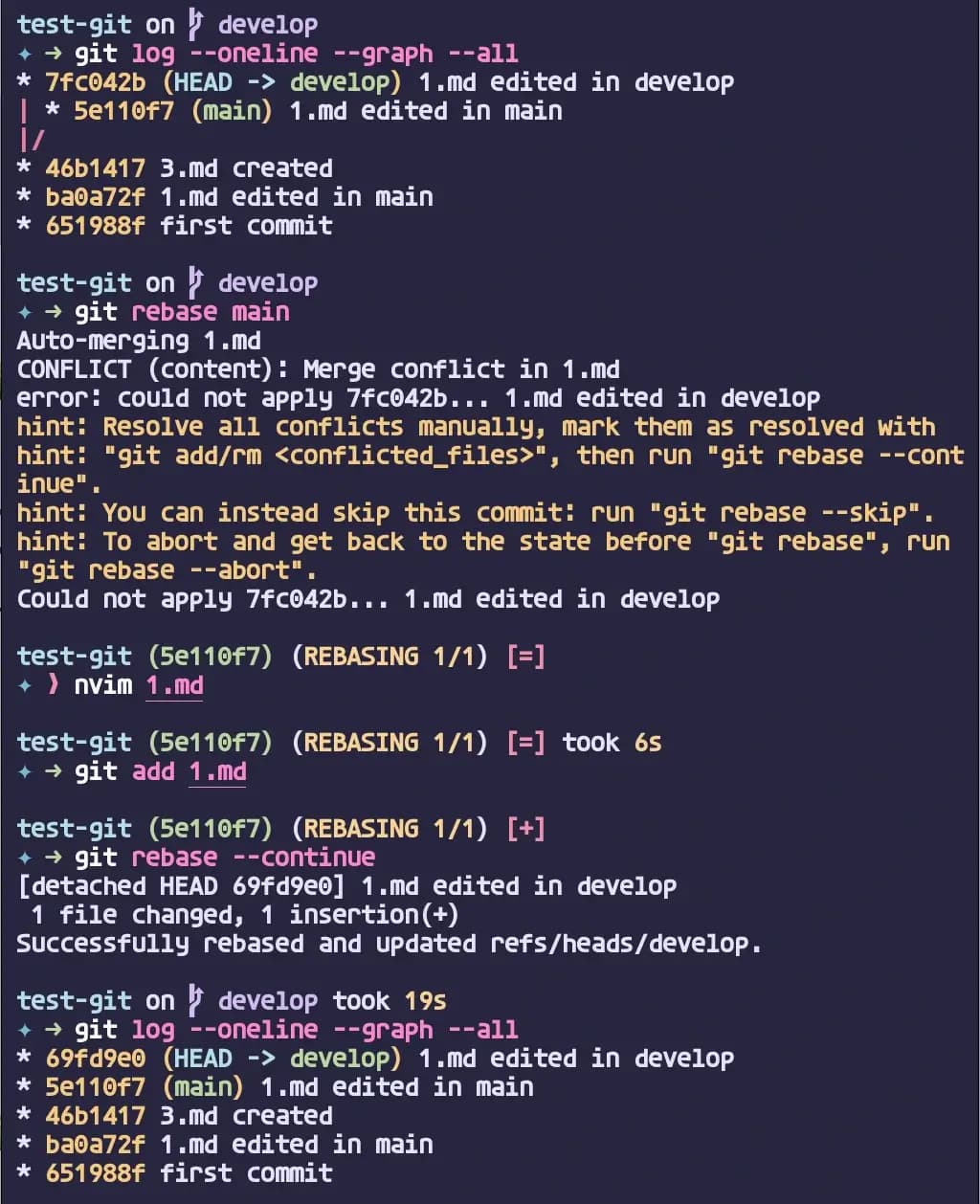 git rebase --continue 실행 결과